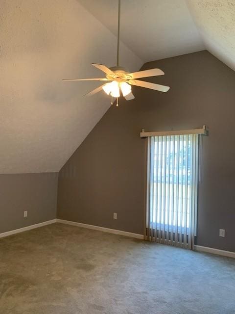 bonus room featuring ceiling fan, lofted ceiling, and carpet floors