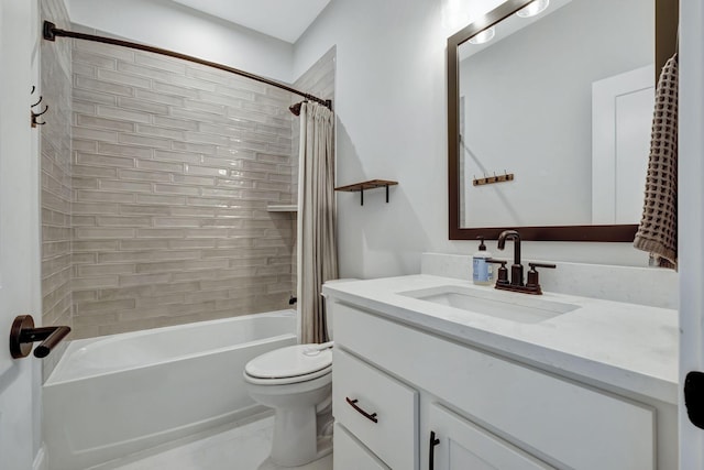 full bathroom with toilet, vanity, and shower / tub combo with curtain