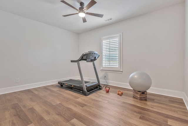 exercise area with hardwood / wood-style flooring and ceiling fan