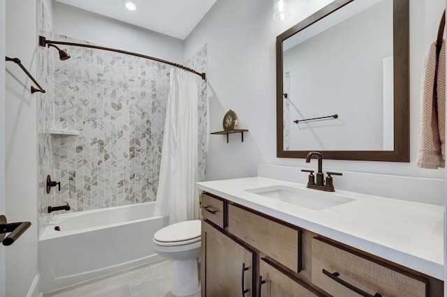 full bathroom with shower / bath combination with curtain, vanity, toilet, and tile patterned floors