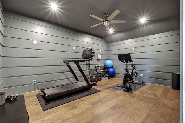 workout room featuring ceiling fan and hardwood / wood-style flooring