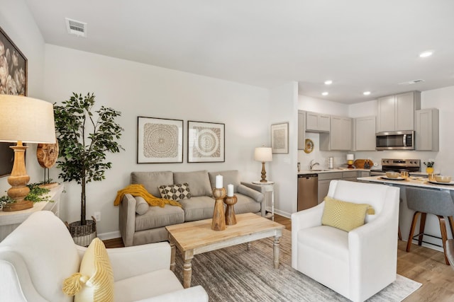 living room with light wood-type flooring and sink