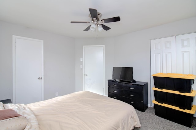 carpeted bedroom featuring ceiling fan and a closet