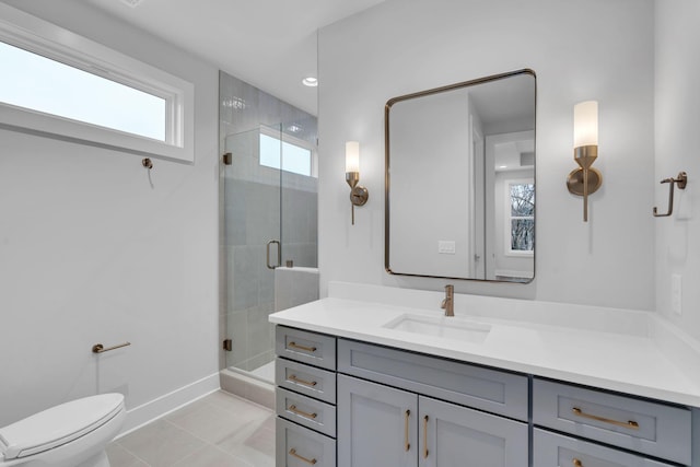 bathroom with tile patterned floors, vanity, toilet, and walk in shower