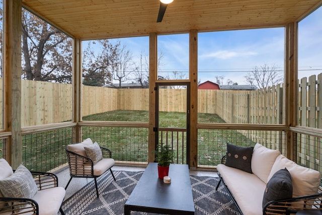 sunroom featuring ceiling fan and wooden ceiling