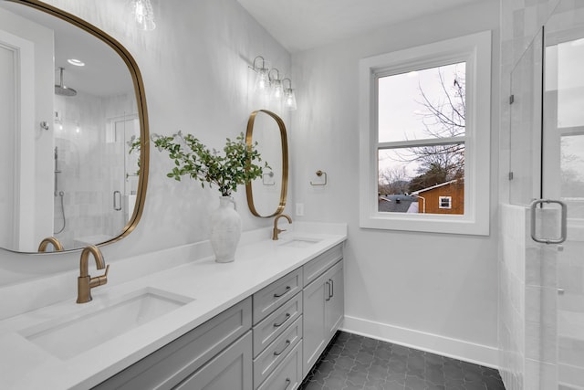 bathroom featuring vanity, tile patterned floors, and walk in shower