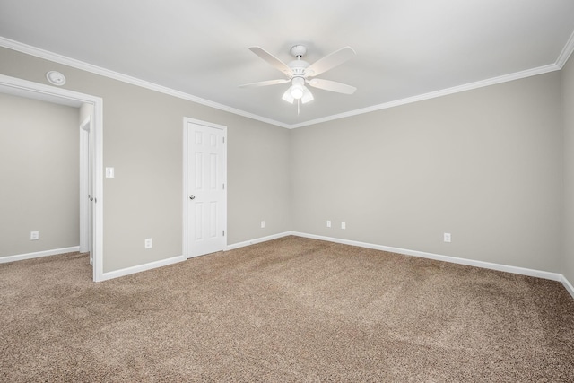 unfurnished bedroom featuring ceiling fan, carpet, and ornamental molding