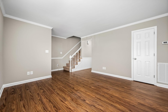 unfurnished room with dark hardwood / wood-style flooring and ornamental molding