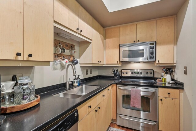 kitchen featuring sink, stainless steel appliances, and light brown cabinetry