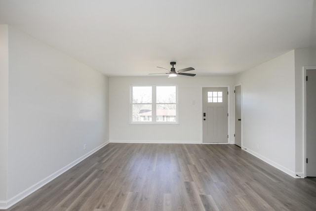 entryway featuring wood-type flooring and ceiling fan