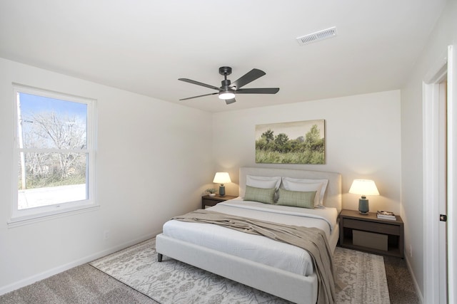 bedroom featuring carpet floors and ceiling fan