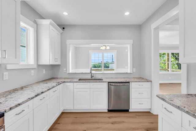 4217 Oakland Ave Lot 194, Chattanooga, TN 37410 - kitchen with white cabinets, an inviting chandelier, a sink, light wood-style floors, and stainless steel dishwasher