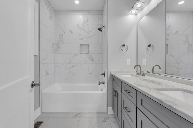 4217 Oakland Ave Lot 194, Chattanooga, TN 37410 - bathroom featuring shower / tub combination, a sink, double vanity, marble finish floor, and visible vents