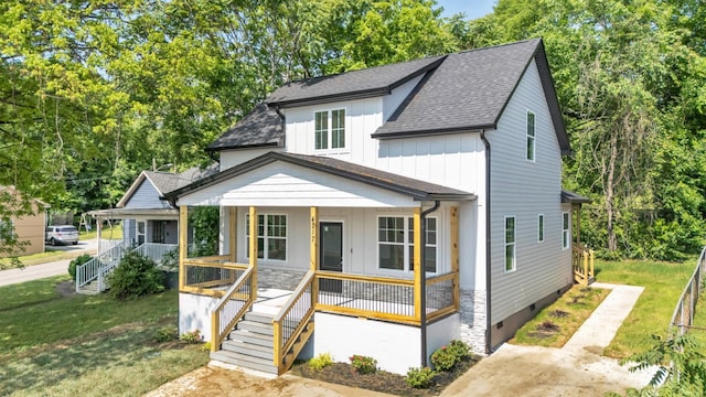 4217 Oakland Ave Lot 194, Chattanooga, TN 37410 - bungalow-style house with roof with shingles, a front lawn, board and batten siding, a porch, and stairway