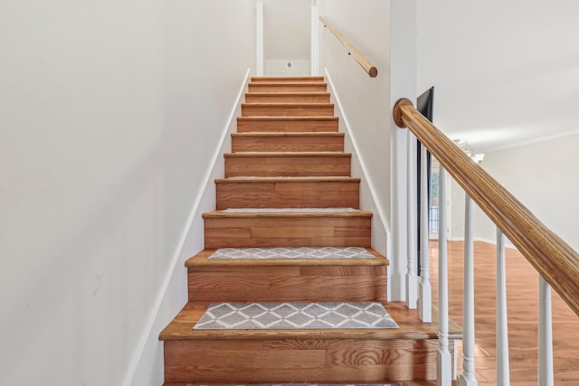 stairway with hardwood / wood-style floors