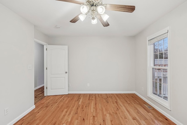 spare room featuring light hardwood / wood-style floors and ceiling fan