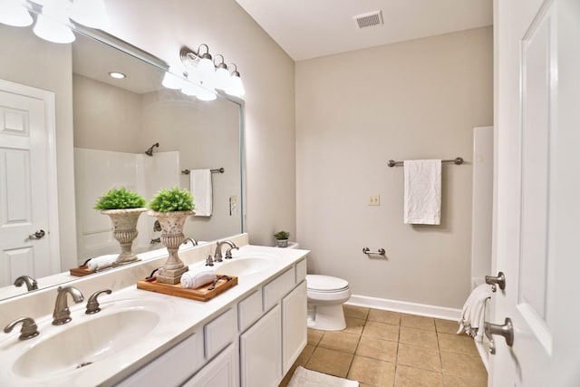 bathroom with tile patterned floors, a shower, vanity, and toilet