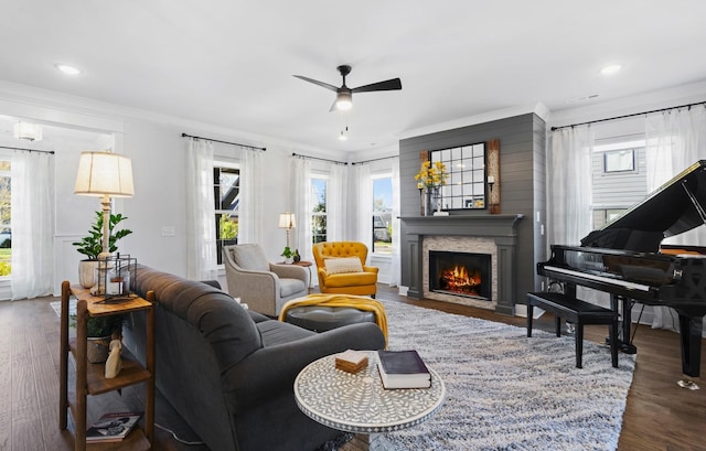 living room with a wealth of natural light, ceiling fan, and dark wood-type flooring