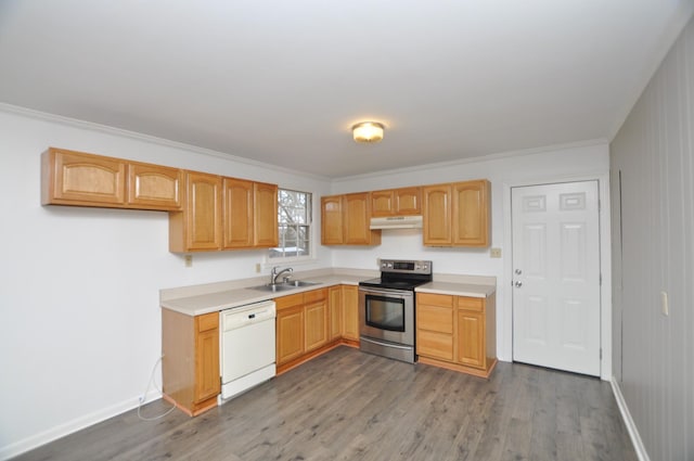 kitchen featuring electric range, white dishwasher, dark hardwood / wood-style floors, and ornamental molding