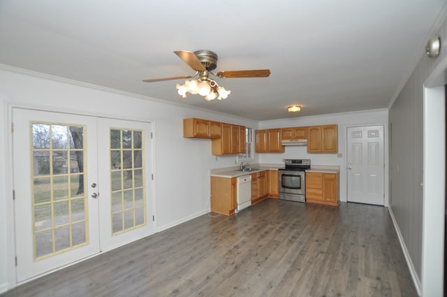 kitchen with electric range, dishwasher, french doors, dark hardwood / wood-style flooring, and crown molding