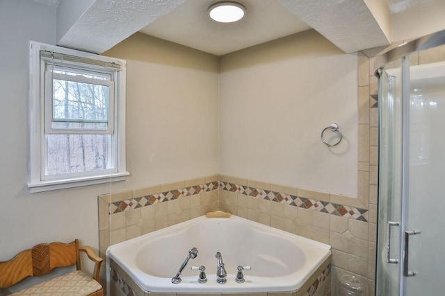 bathroom with plus walk in shower and tile walls