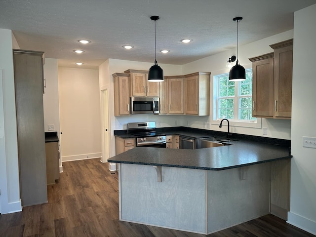 kitchen with kitchen peninsula, dark hardwood / wood-style flooring, stainless steel appliances, and decorative light fixtures