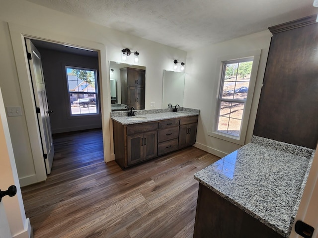 bathroom with hardwood / wood-style flooring, vanity, a healthy amount of sunlight, and a textured ceiling