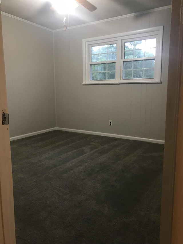 carpeted empty room with crown molding and ceiling fan