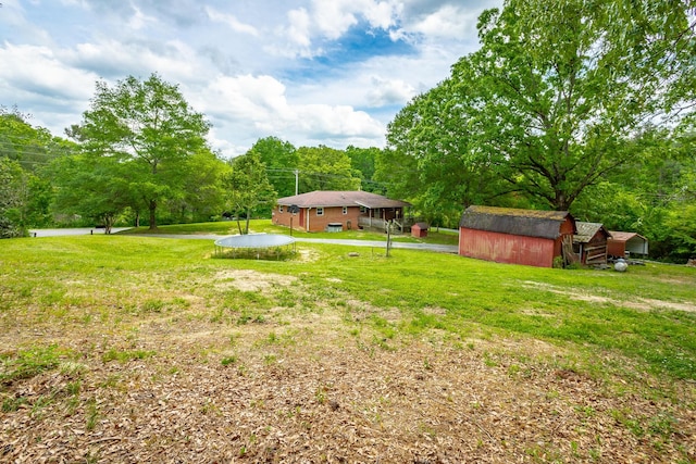 view of yard featuring an outbuilding and a trampoline