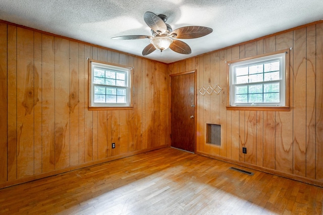 spare room featuring wood walls, light hardwood / wood-style floors, and a wealth of natural light