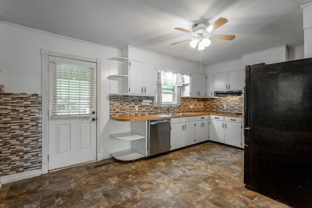 kitchen with black refrigerator, tasteful backsplash, white cabinetry, and dishwasher