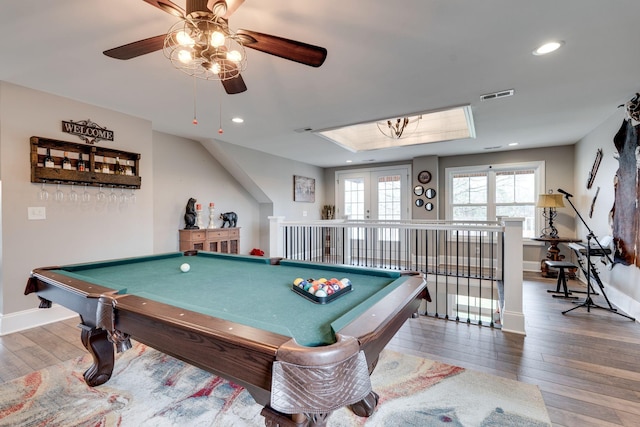 game room with ceiling fan, wood-type flooring, and pool table