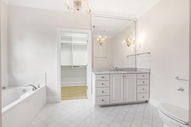 bathroom featuring tile patterned flooring, crown molding, vanity, and a chandelier