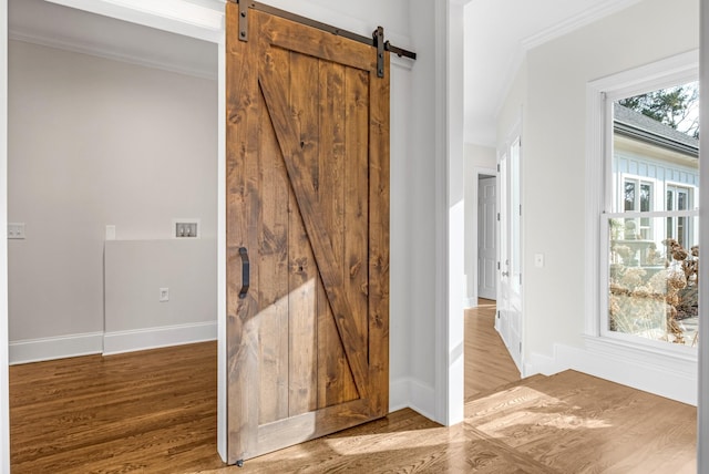 hall featuring crown molding, wood-type flooring, and a barn door