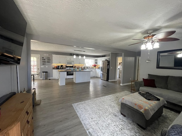 living area featuring a healthy amount of sunlight, a textured ceiling, and wood finished floors