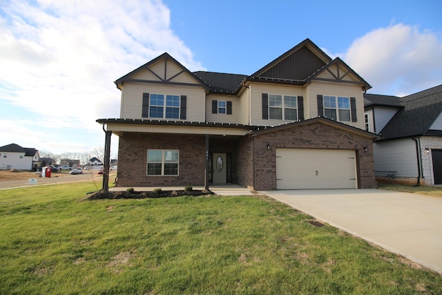 craftsman-style home featuring a garage and a front lawn