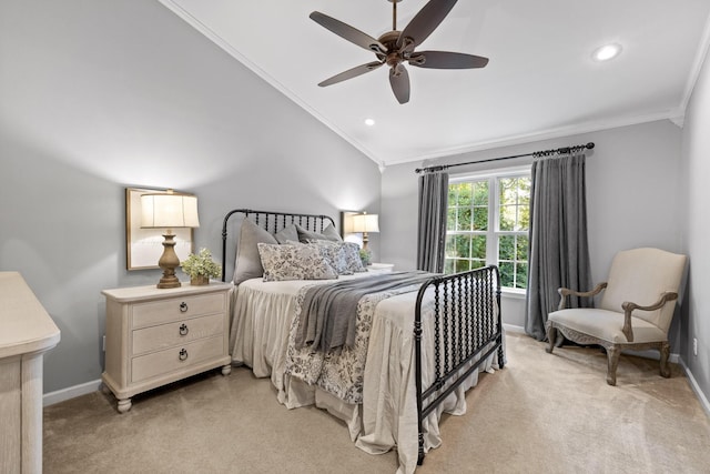 bedroom featuring light colored carpet, ceiling fan, and ornamental molding