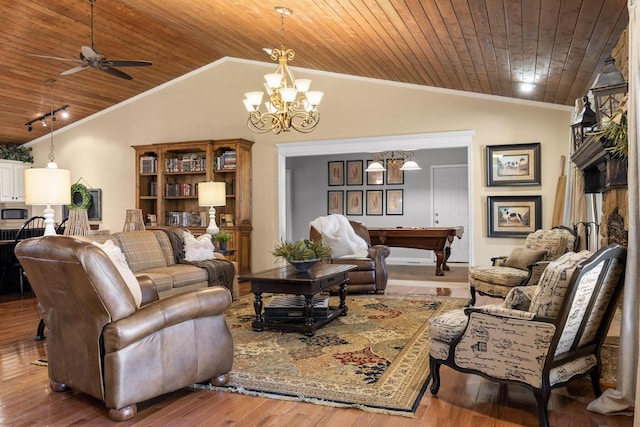 living room featuring ceiling fan with notable chandelier, wood ceiling, lofted ceiling, and wood-type flooring