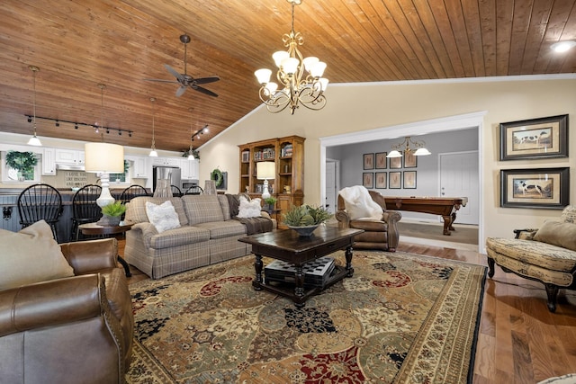 living room with hardwood / wood-style flooring, ceiling fan with notable chandelier, billiards, and vaulted ceiling