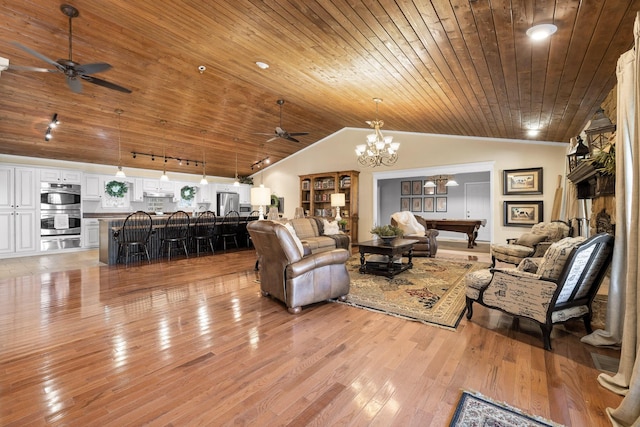 living room featuring rail lighting, light hardwood / wood-style flooring, vaulted ceiling, pool table, and wood ceiling