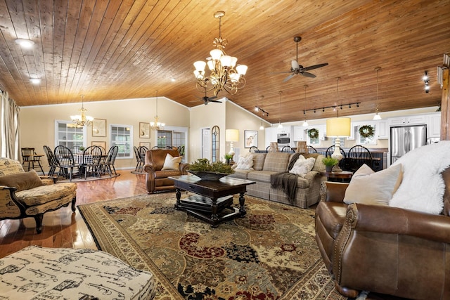 living room with track lighting, wood ceiling, ceiling fan, hardwood / wood-style flooring, and high vaulted ceiling