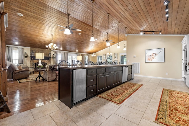 kitchen with wood ceiling, rail lighting, an island with sink, and decorative light fixtures