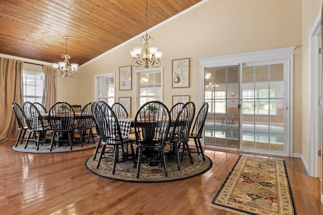 dining space featuring wooden ceiling, crown molding, vaulted ceiling, wood-type flooring, and a chandelier