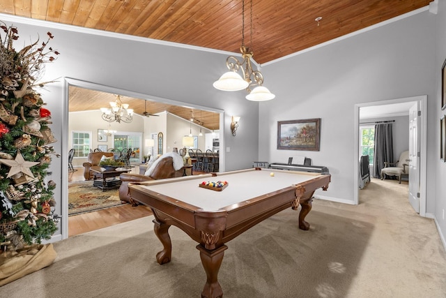 rec room featuring crown molding, light colored carpet, wooden ceiling, and billiards