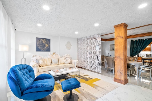 living room with a textured ceiling