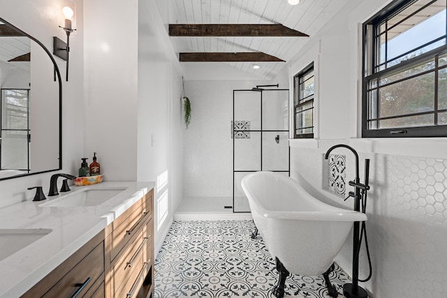 bathroom with vanity, tile patterned floors, lofted ceiling with beams, separate shower and tub, and wood ceiling