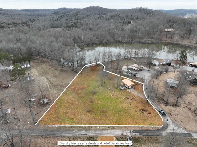 drone / aerial view featuring a water view and a forest view