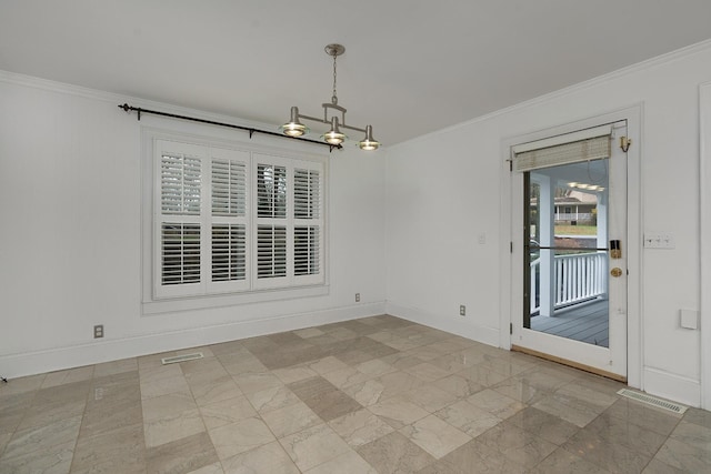 unfurnished dining area featuring crown molding