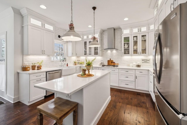 kitchen featuring white cabinetry, wall chimney range hood, stainless steel appliances, and dark wood-type flooring