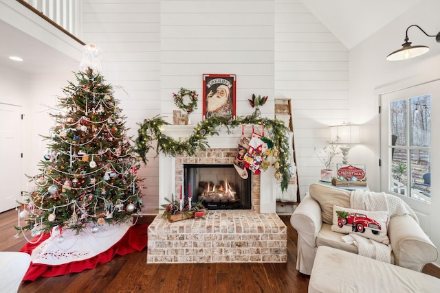 living room with a fireplace, high vaulted ceiling, and wood-type flooring